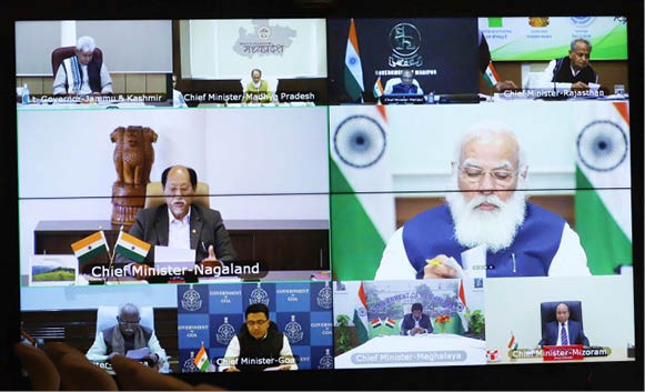 Nagaland Chief Minister Neiphiu Rio attending the virtual Niti Aayog’s Sixth Governing Council meeting on February 20. (Photo Courtesy: @MyGovNagaland/Twitter)